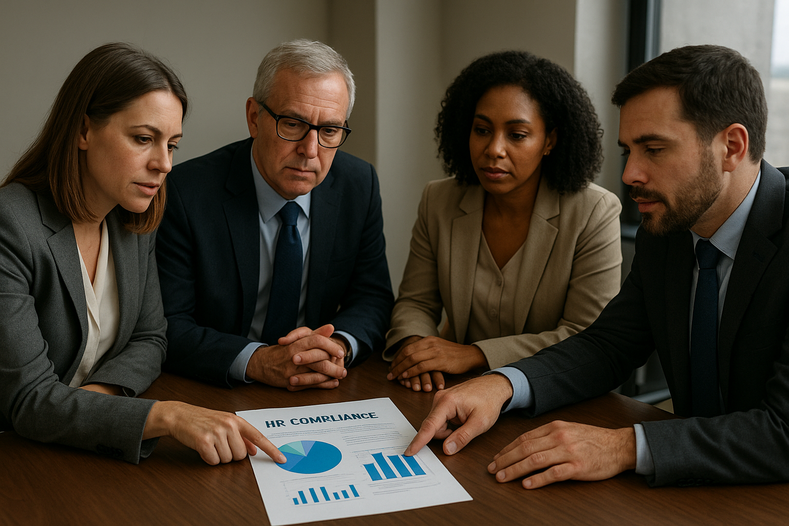 Business leaders reviewing an HR compliance audit report in a meeting