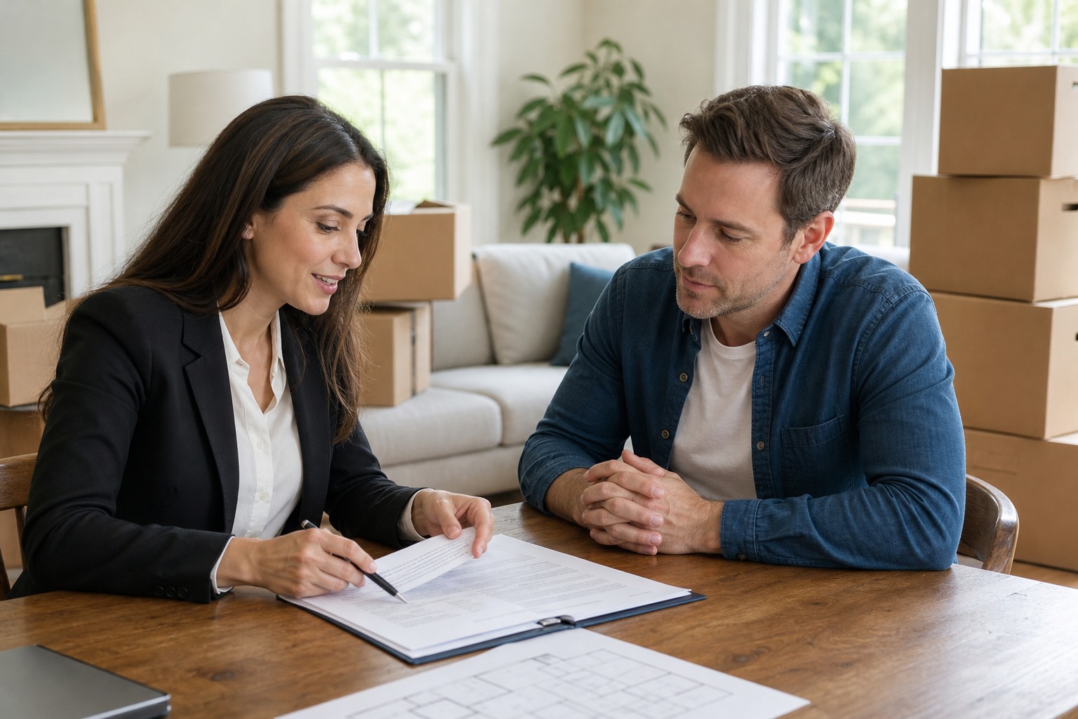Real estate agent discussing a downsizing plan with a client in a San Antonio home