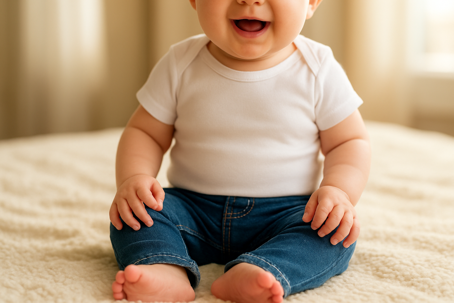 Happy baby wearing freshly rented baby clothes in a bright and cozy home setting