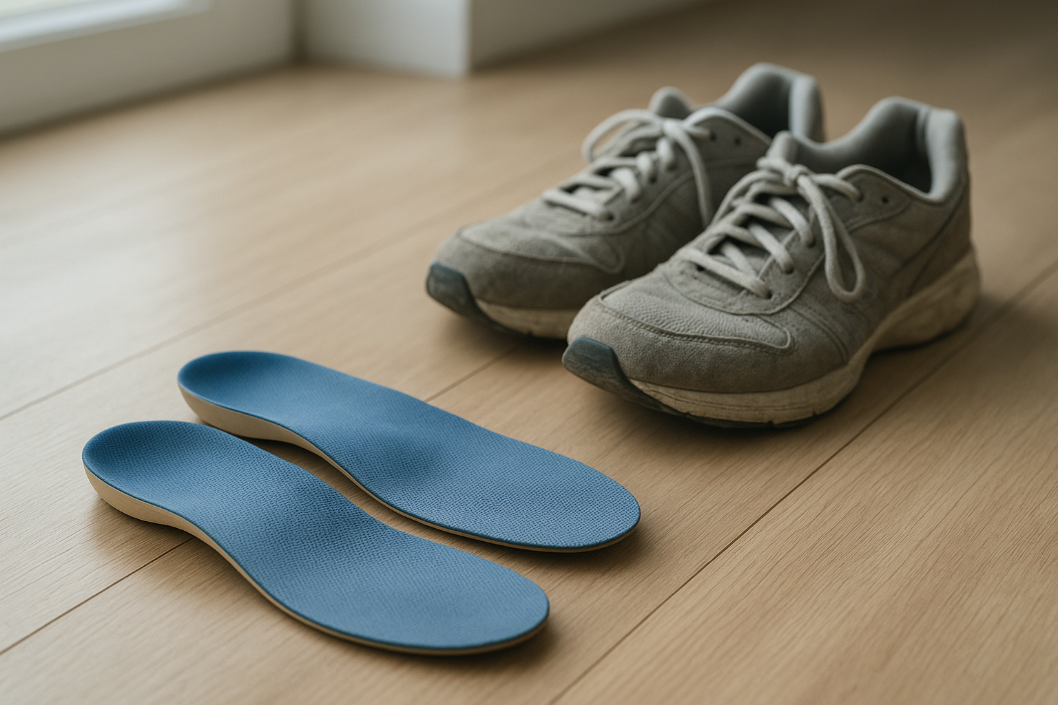 Custom foot comfort insoles placed next to a pair of walking shoes