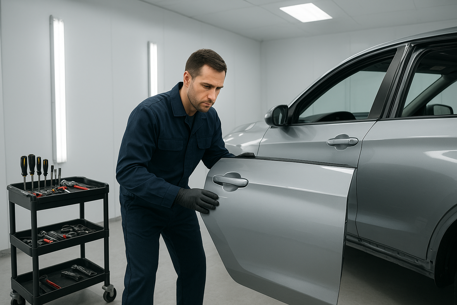 Auto body technician inspecting vehicle door panel damage under bright workshop lighting during a weekend repair session