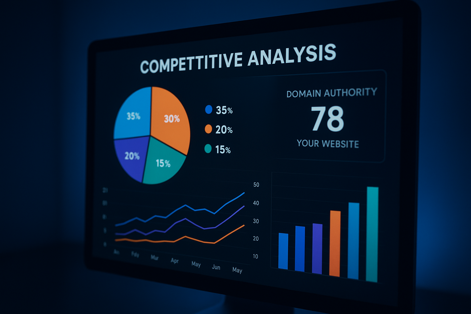 Detailed competitive SEO report on screen showing domain authority scores and backlink metrics for comparison