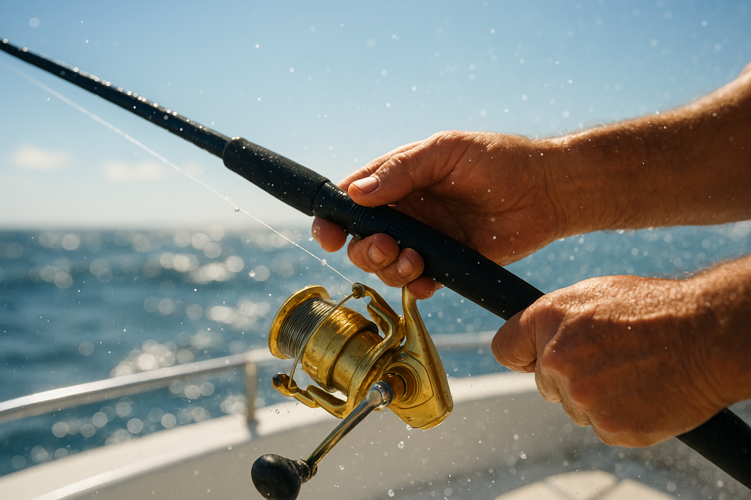 Angler reeling in a line during an offshore fishing trip on the Carolina coast