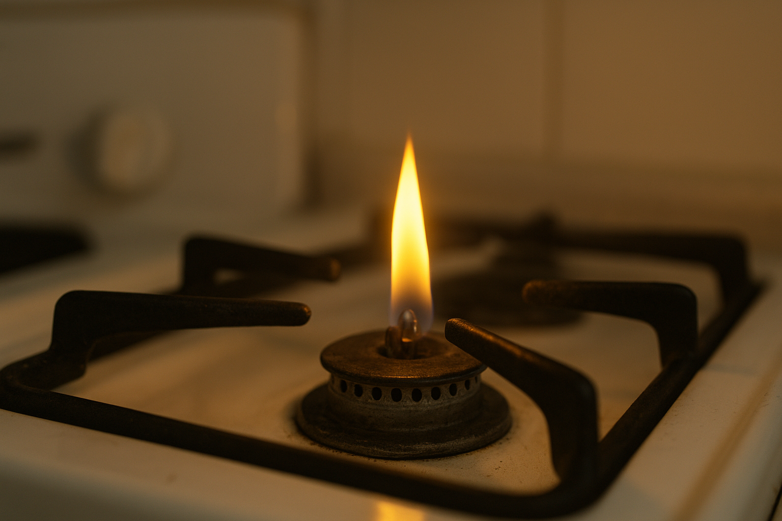 7dd3d03a_propane-warning-sign-pilot-light Flickering yellow pilot light on a kitchen stove indicating a possible gas leak