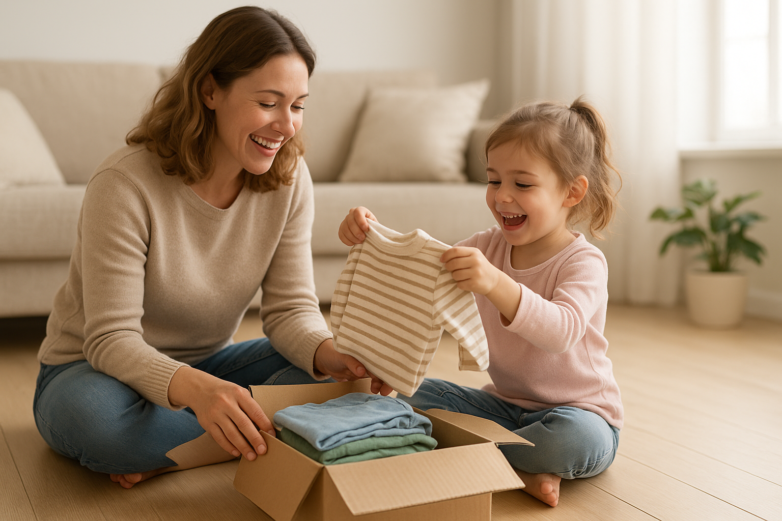 Parent and toddler unboxing a monthly premium kids rental clothing delivery at home