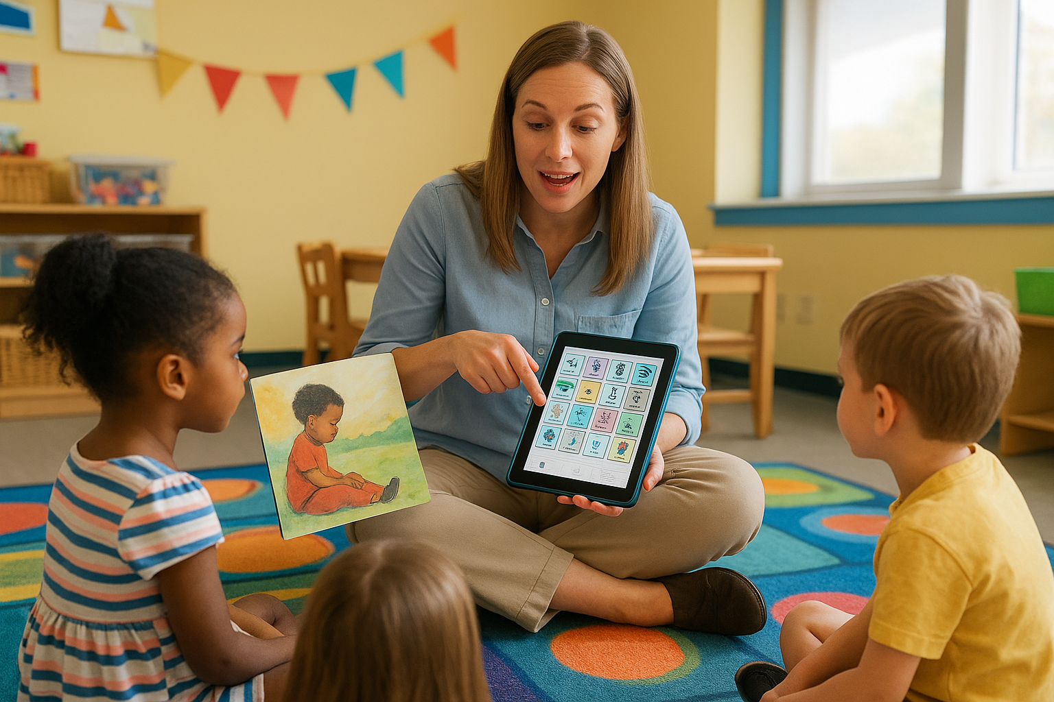 Speech-language pathologist modeling AAC language during a classroom shared reading activity