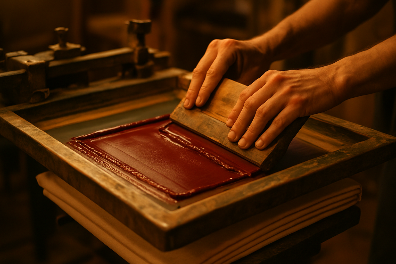 Screen printing station producing custom redneck apparel designs on soft-feel fabric