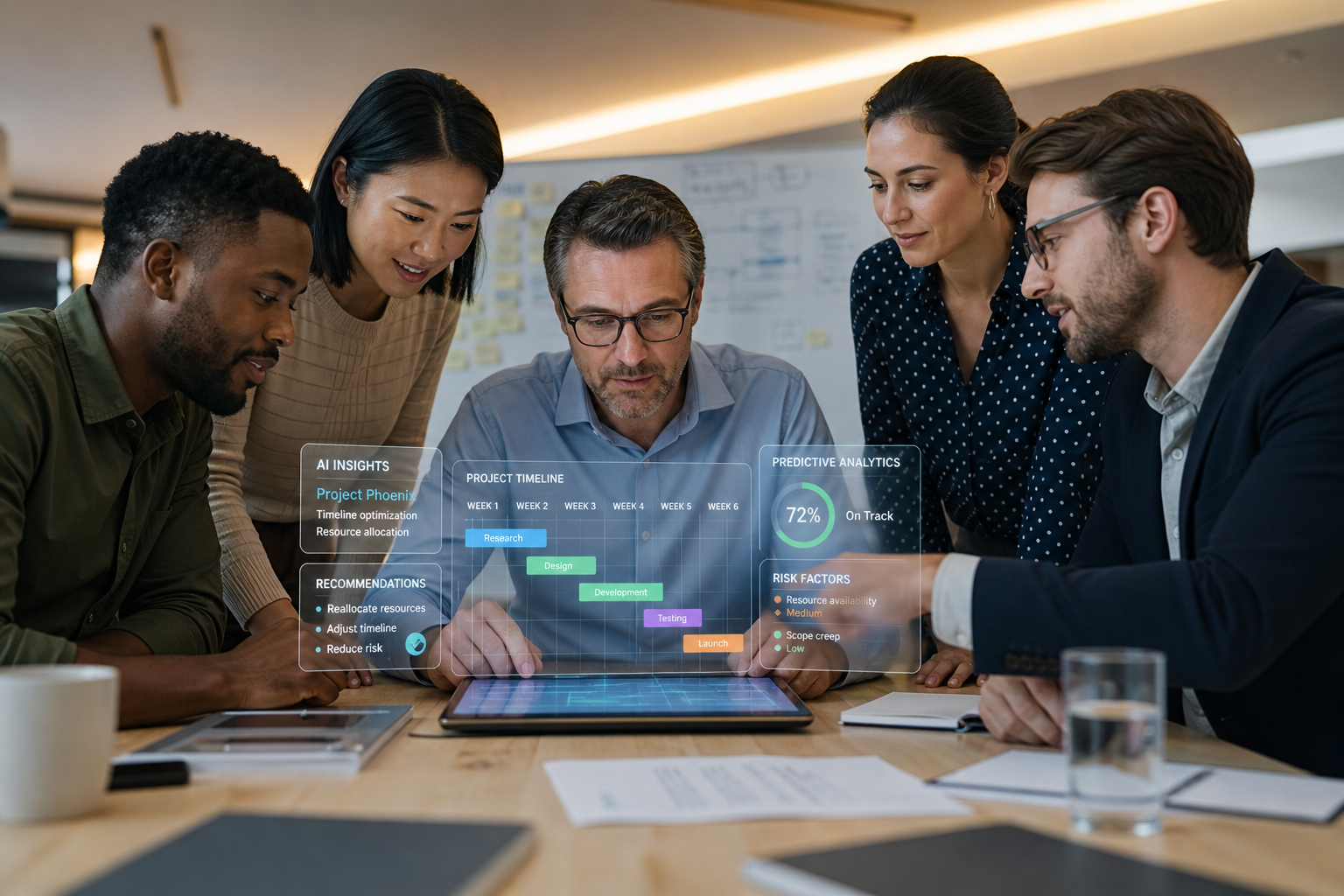 Team reviewing an AI project management software rollout plan on a tablet