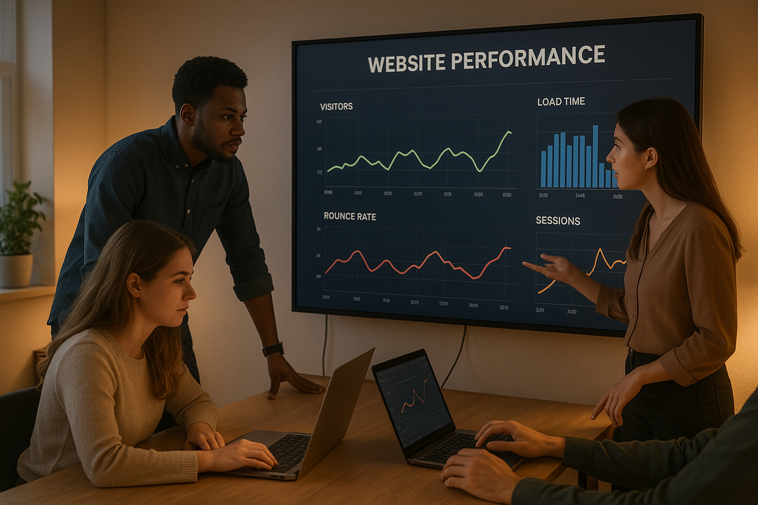 Team reviewing performance data while managing SEO for multiple websites in one workspace