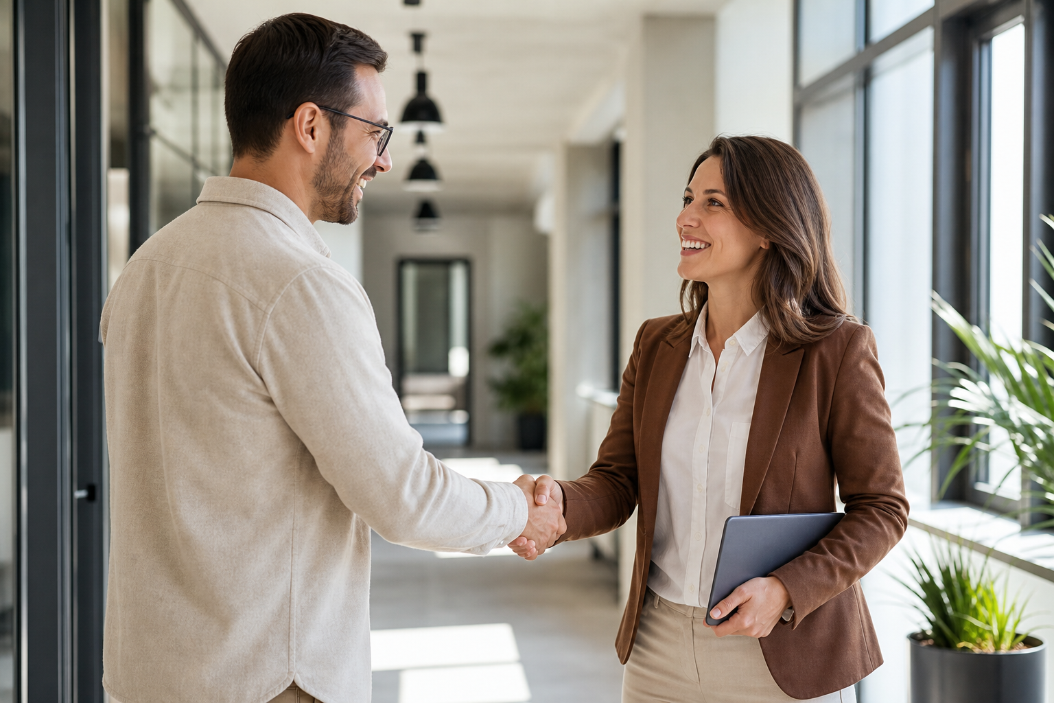 Two colleagues shaking hands after a successful workplace restructuring conversation
