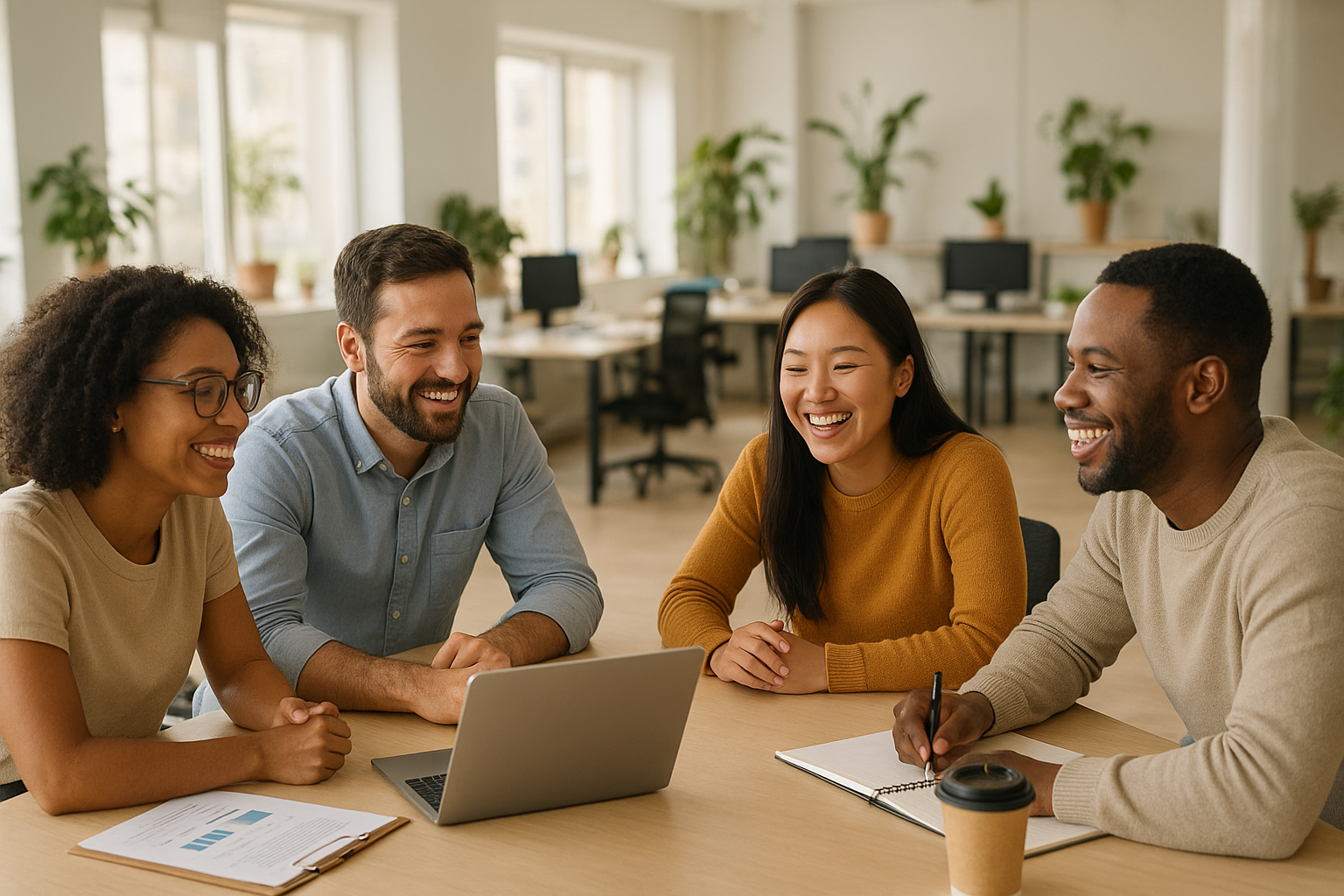 Diverse team collaborating in a positive culture workplace environment