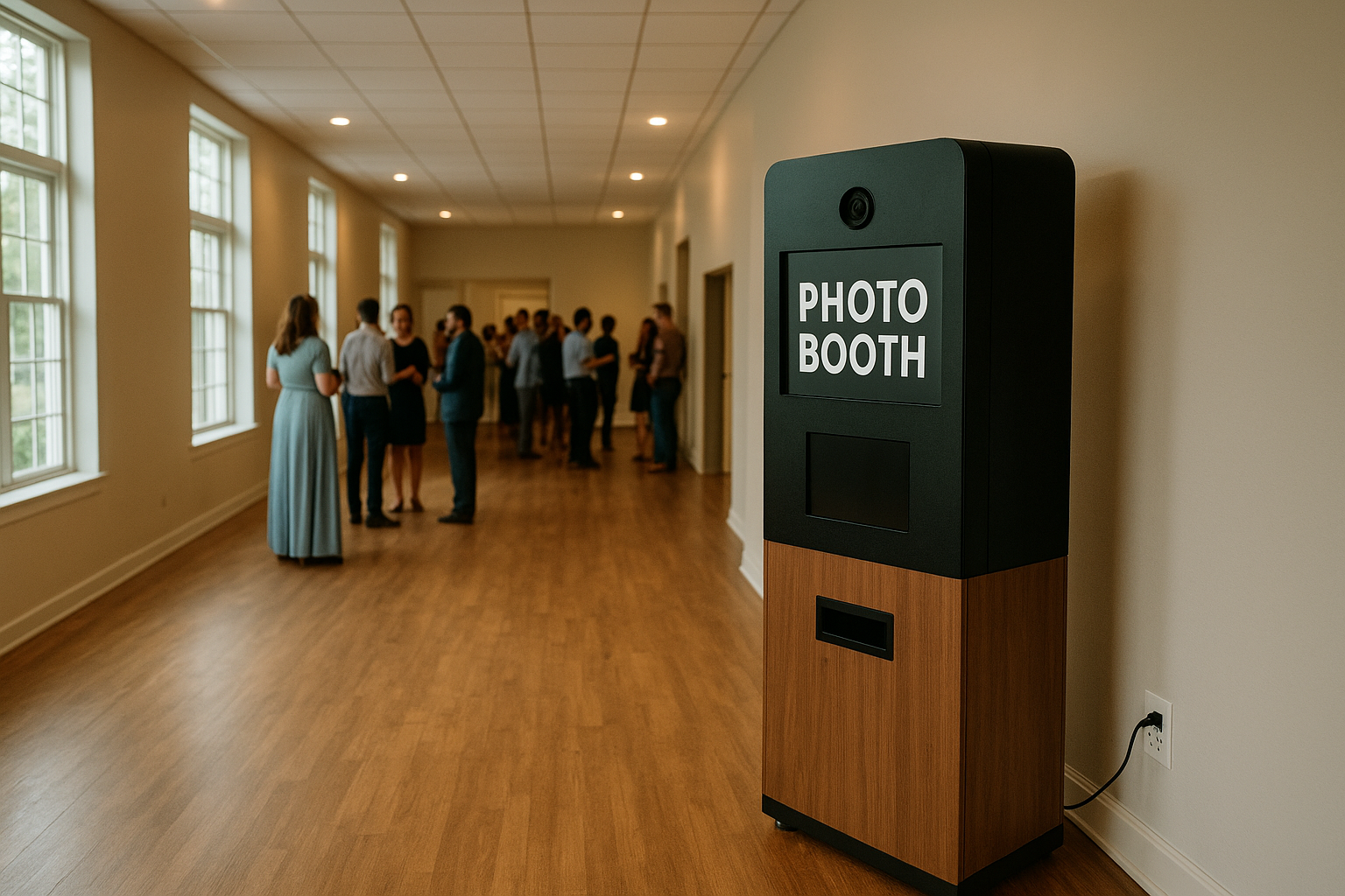 Photo booth positioned indoors at a Southern Indiana event venue away from sunlight