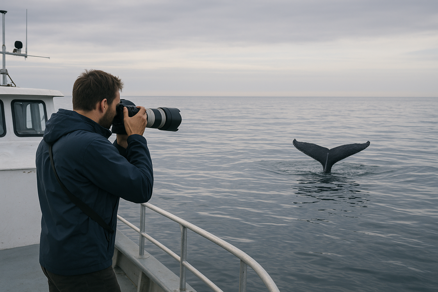 Photographer capturing a humpback whale tail fluke from a filmmaker-friendly charter boat