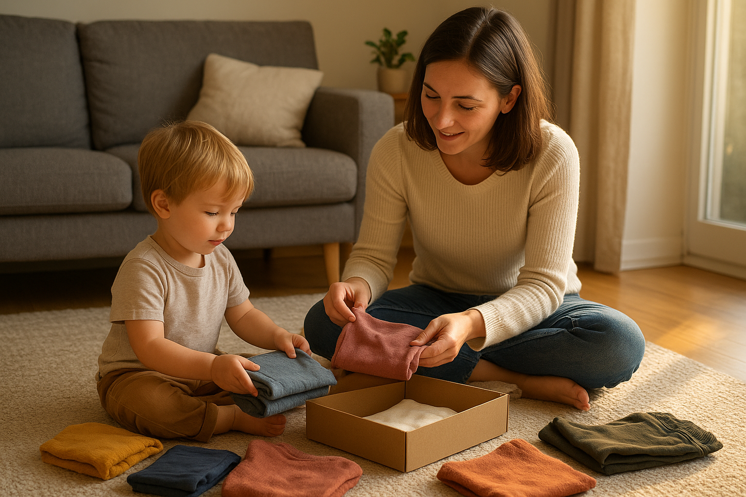 Parent helping a child choose outfits from a kids clothing rental subscription box