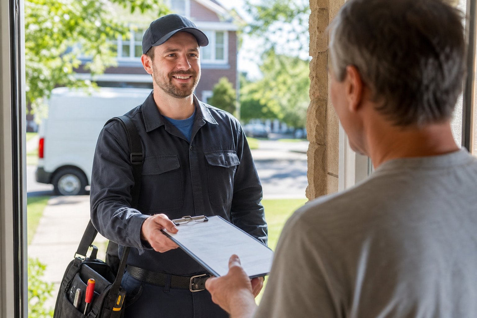 Home service technician greeting a customer, representing trust built through honest comparative marketing