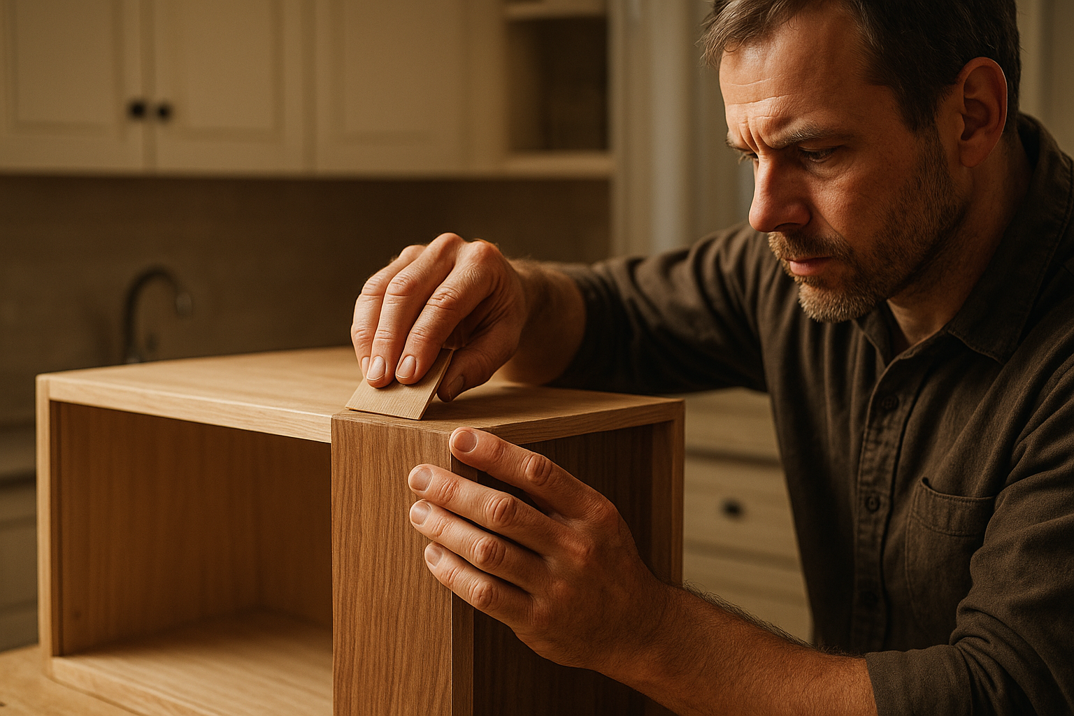 Professional applying wood veneer during a cabinet refacing project in a Cincinnati kitchen