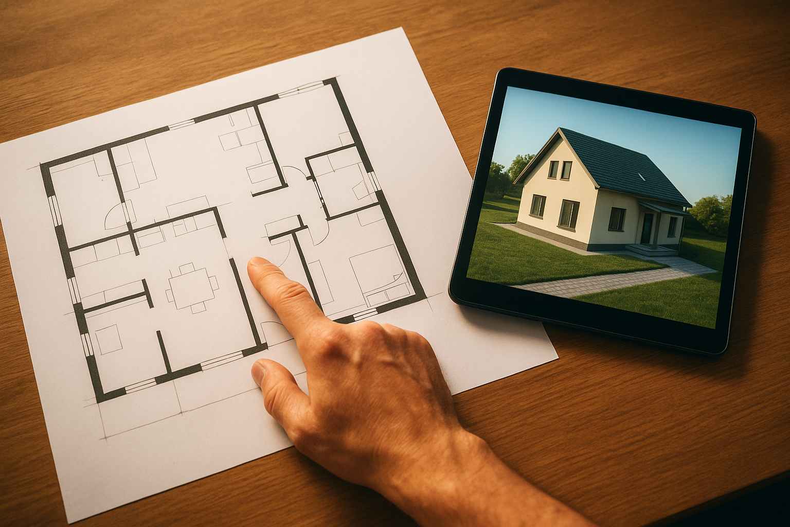 Homeowner and contractor reviewing an ADU plan blueprint together at a table