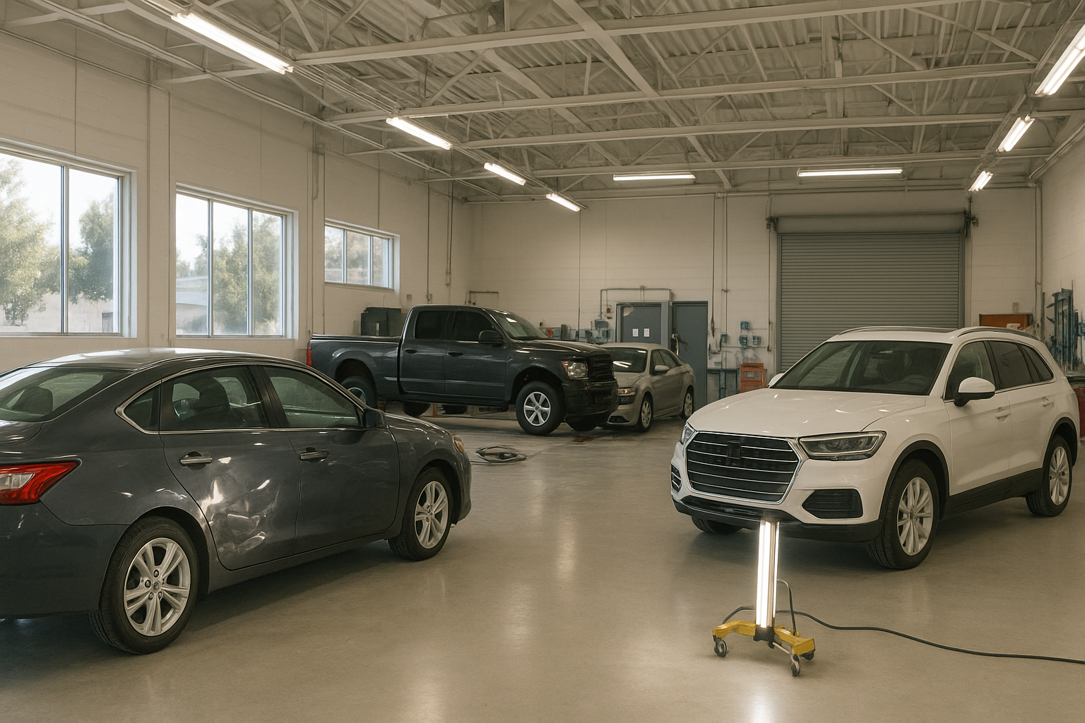 Interior of a professional auto body shop in Brea California offering dent removal and paint repair services