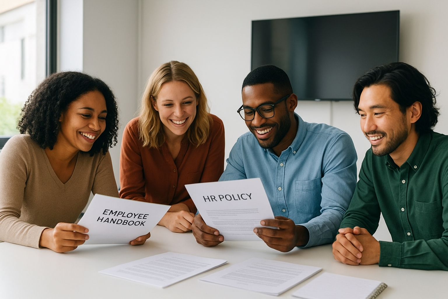 Small business team reviewing HR and admin policies during a meeting