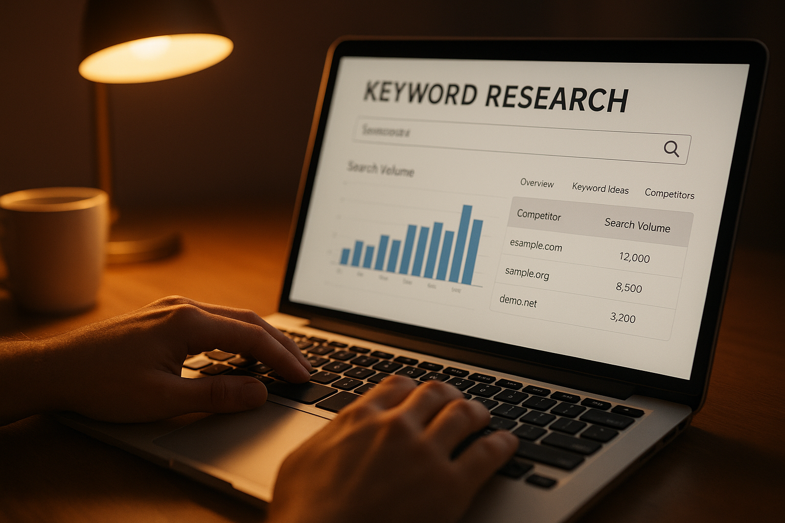 E-commerce keyword research process on a laptop screen showing search volume data and buyer-intent keyword analysis