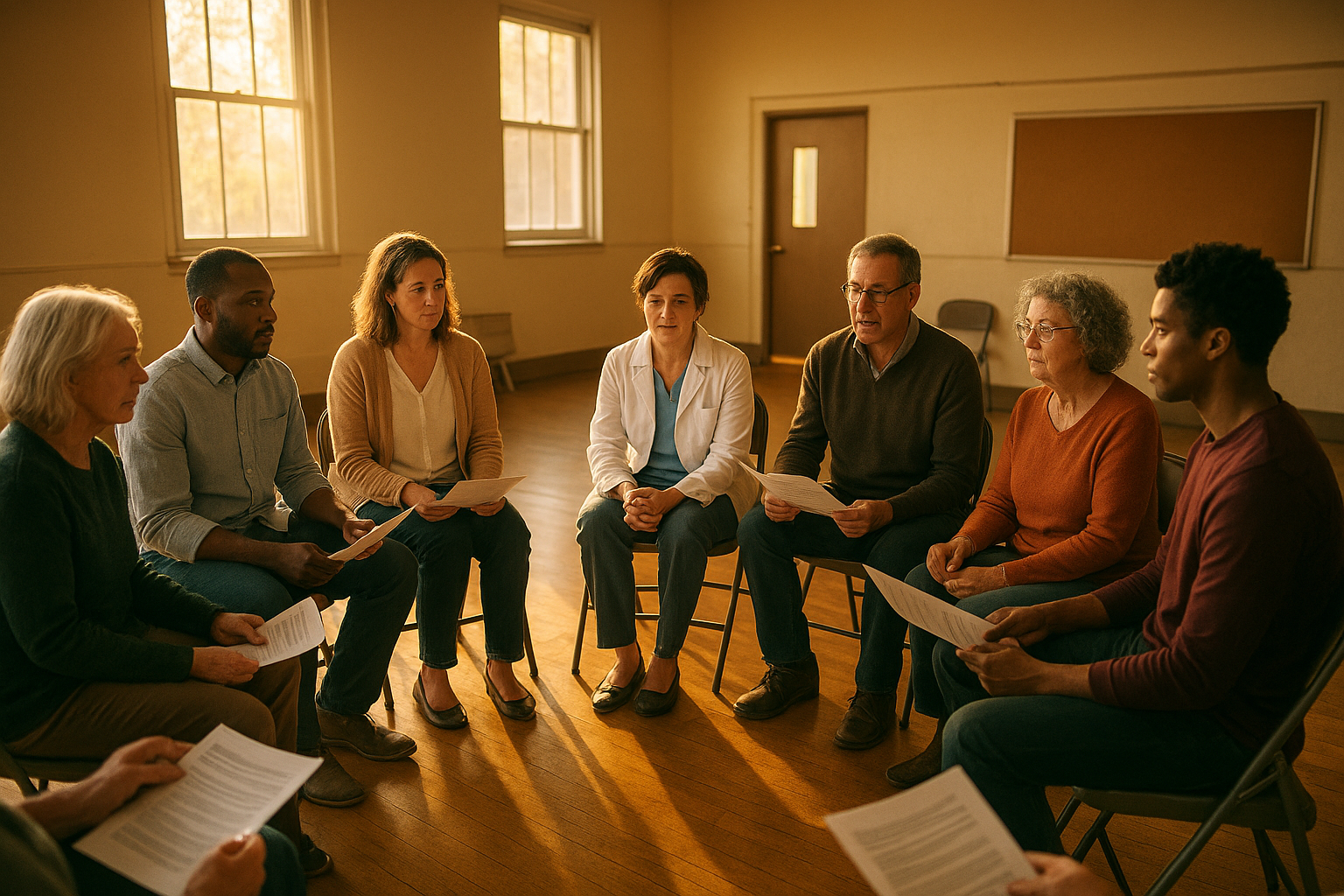 Community members and clinicians discussing health equity concerns during an AI ethics consulting session