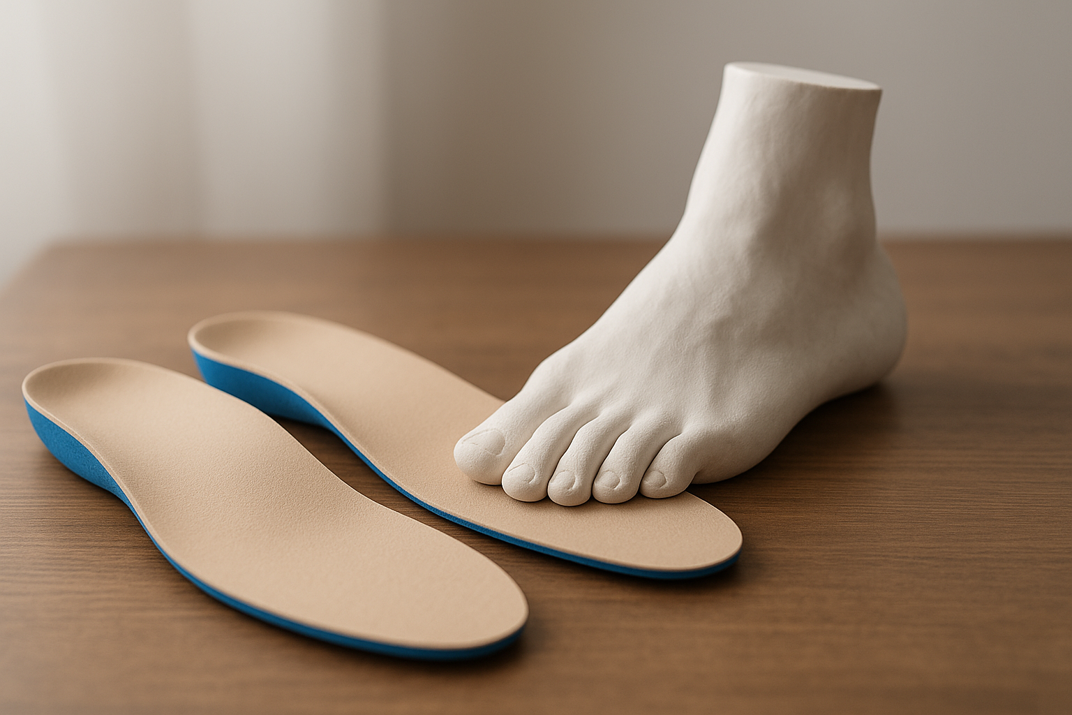 Pair of custom orthopedic inserts next to a plaster foot mold used for fabrication