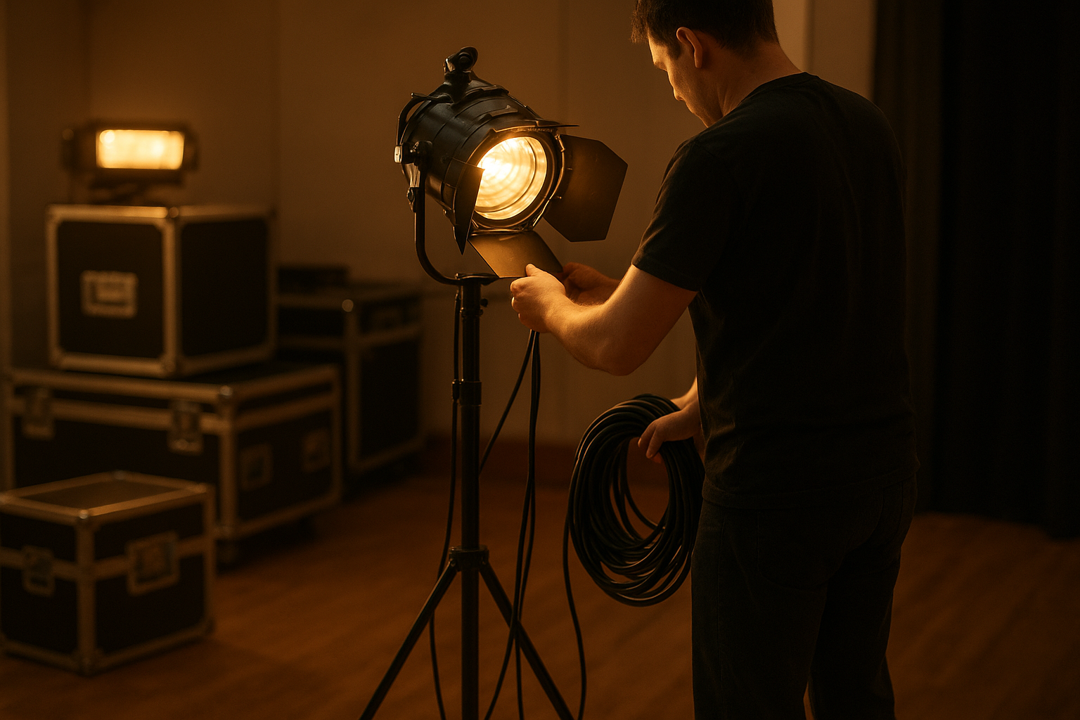 Event lighting technician setting up backup equipment before a wedding reception