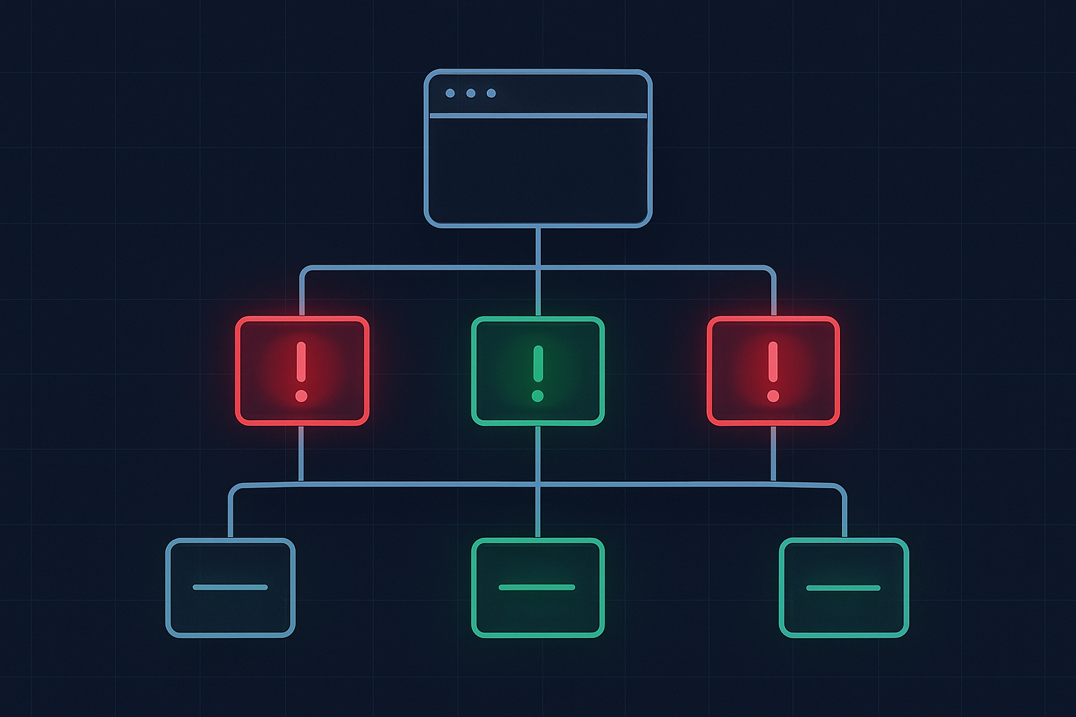 Stylized website sitemap showing healthy and error pages during an audit web analysis