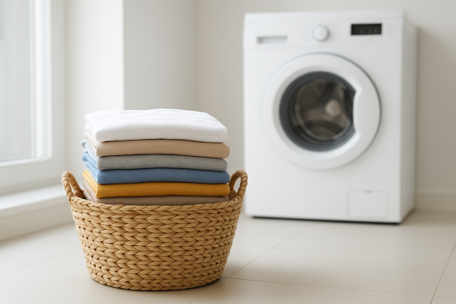 Laundry basket of soft fabric t-shirts ready for gentle cold-water washing