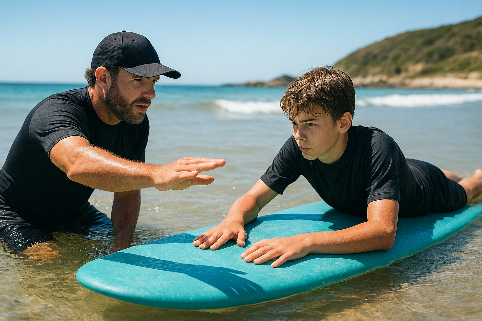 Surf coach demonstrating paddle technique to a teenage student in shallow water
