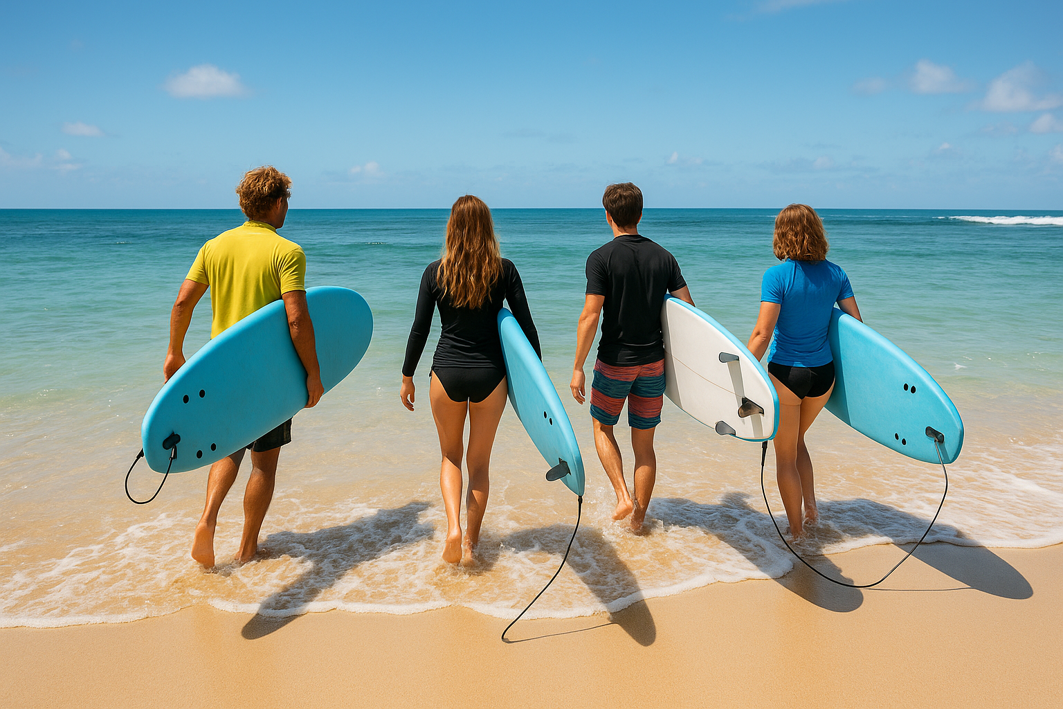 Group surf lesson with an ISA certified coach guiding students into the waves