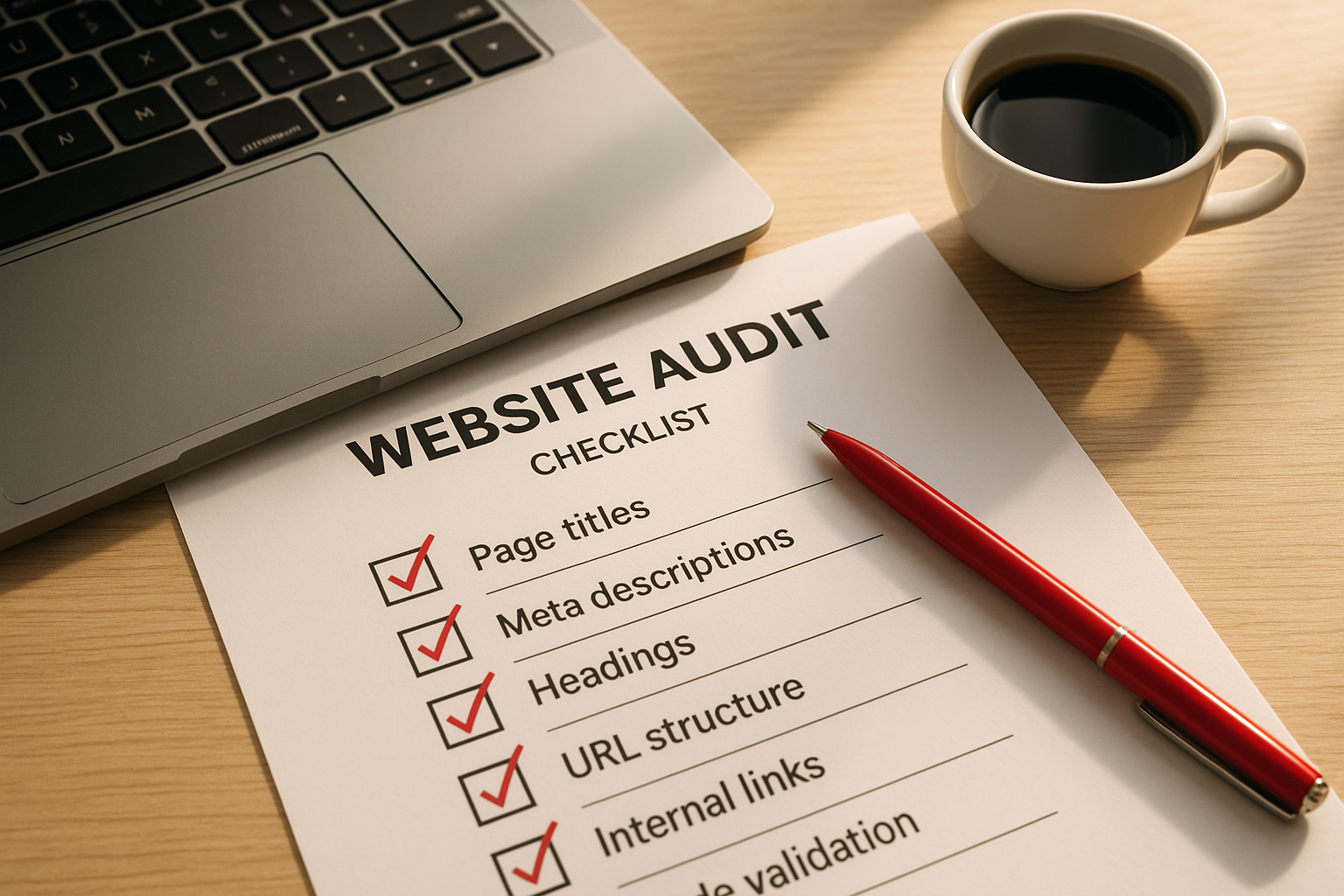 Printed web audit checklist with checkboxes being reviewed by an SEO professional