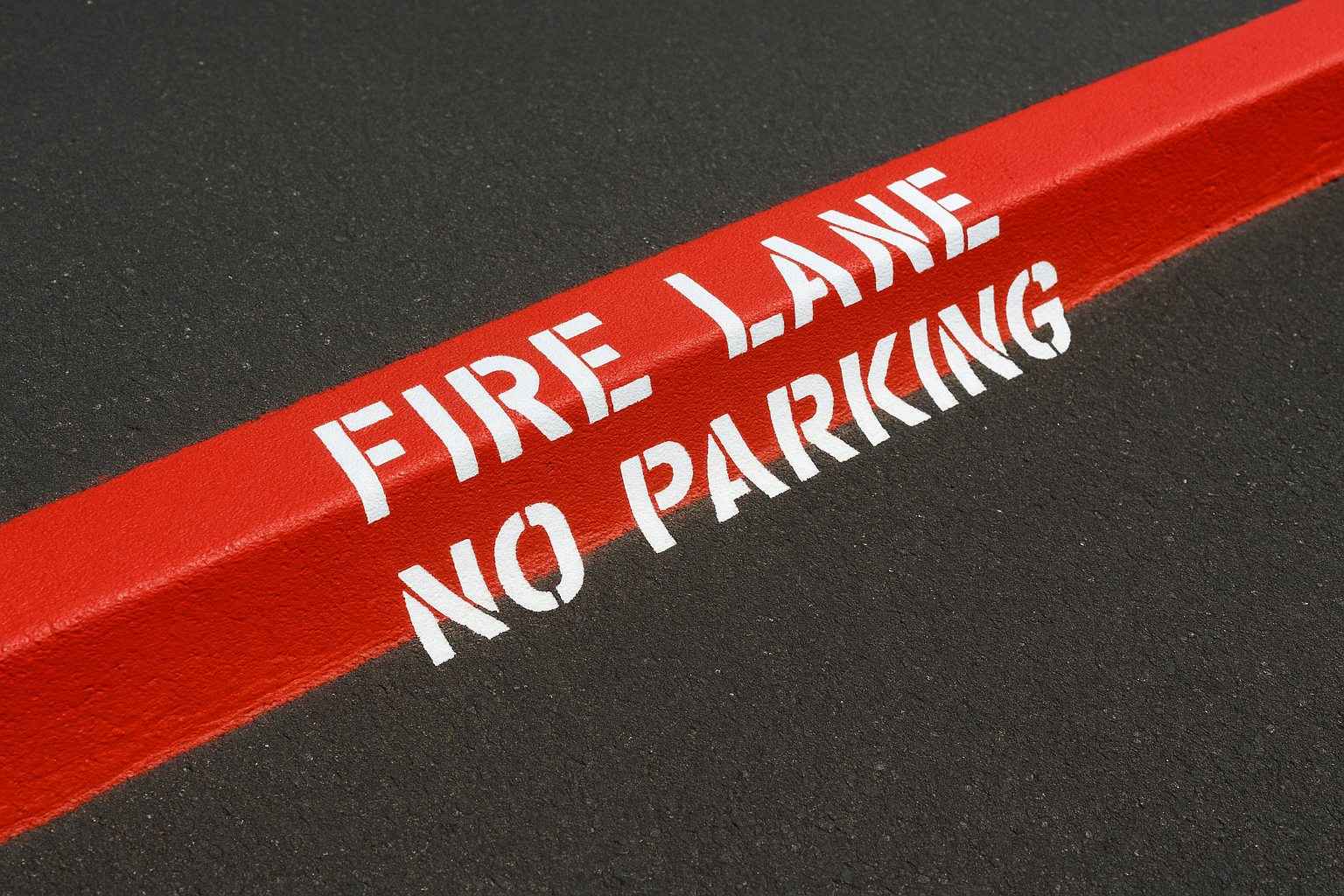 Close-up of red curb with stenciled fire lane no parking lettering