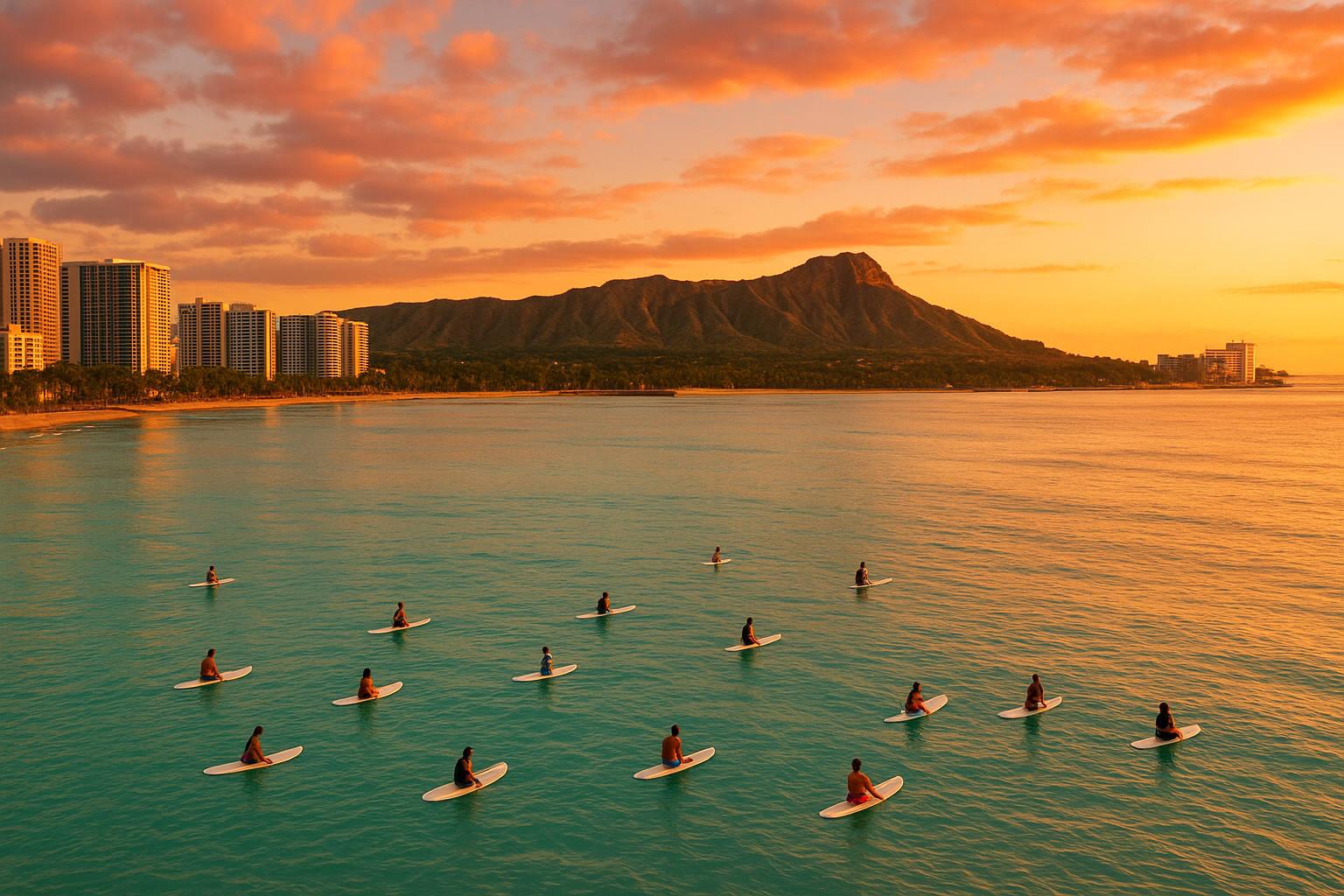 Aerial view of beginner surf lesson groups spread across calm water near Waikiki Beach at sunset