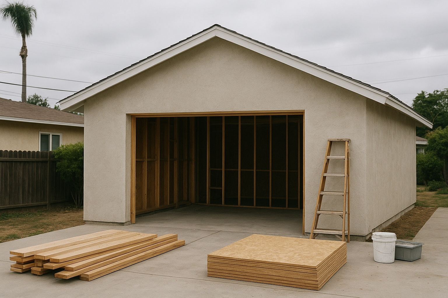 Garage conversion in progress showing framed garage door opening and new exterior stucco work