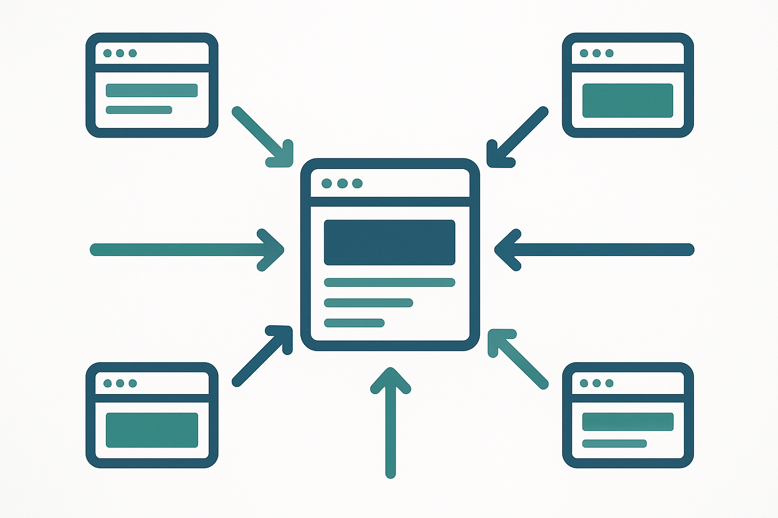 Diagram showing backlinks from multiple websites flowing link equity to a central page, illustrating how Moz Rank is built