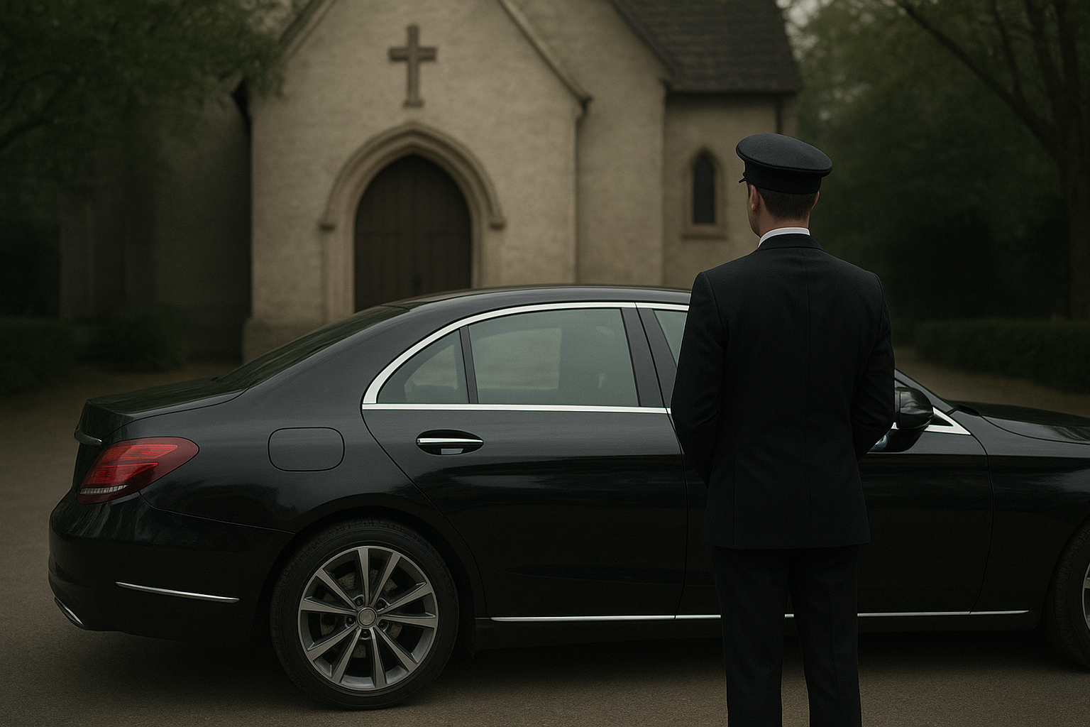 Chauffeur standing beside a luxury sedan outside a chapel providing funeral transportation South Bay families trust