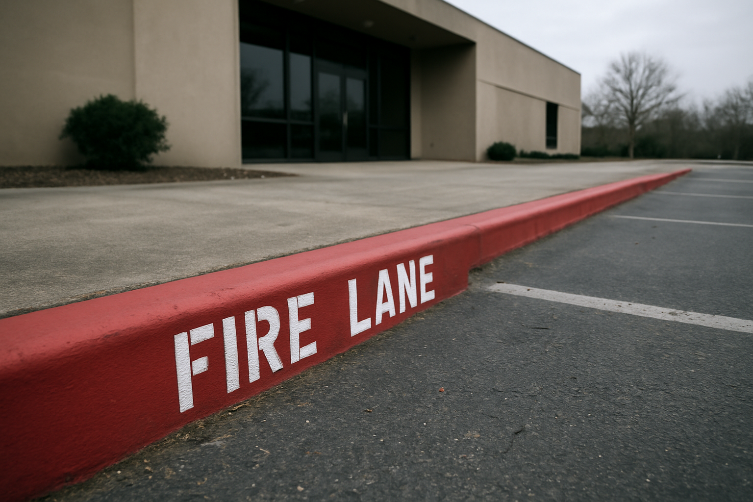Red fire lane curb marking along a commercial parking lot entrance