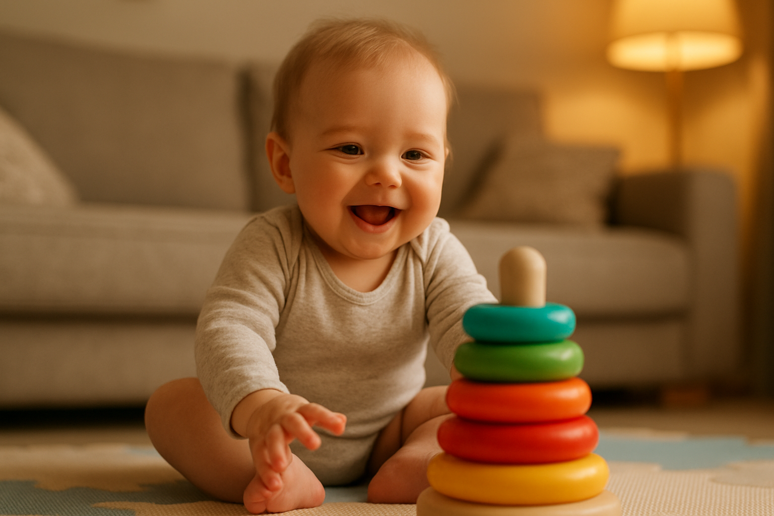 A baby reaching for colorful stacking rings on a soft play mat, one of the best baby toys for 6 to 12 months