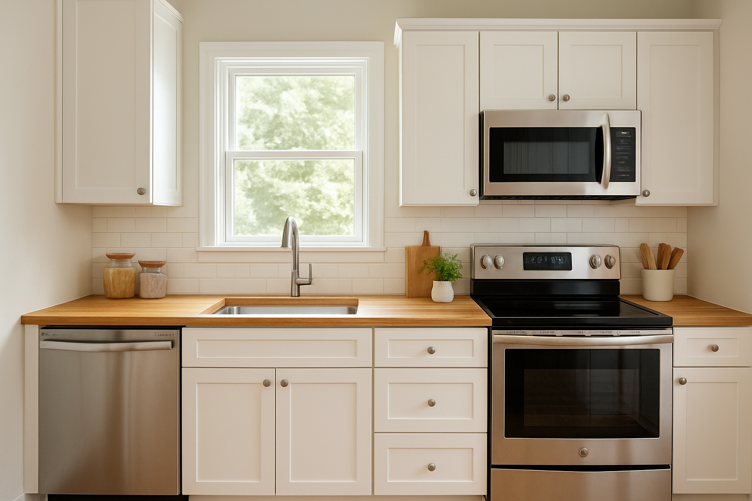 Freshly refaced Cincinnati kitchen cabinets with white shaker doors and warm wood countertops