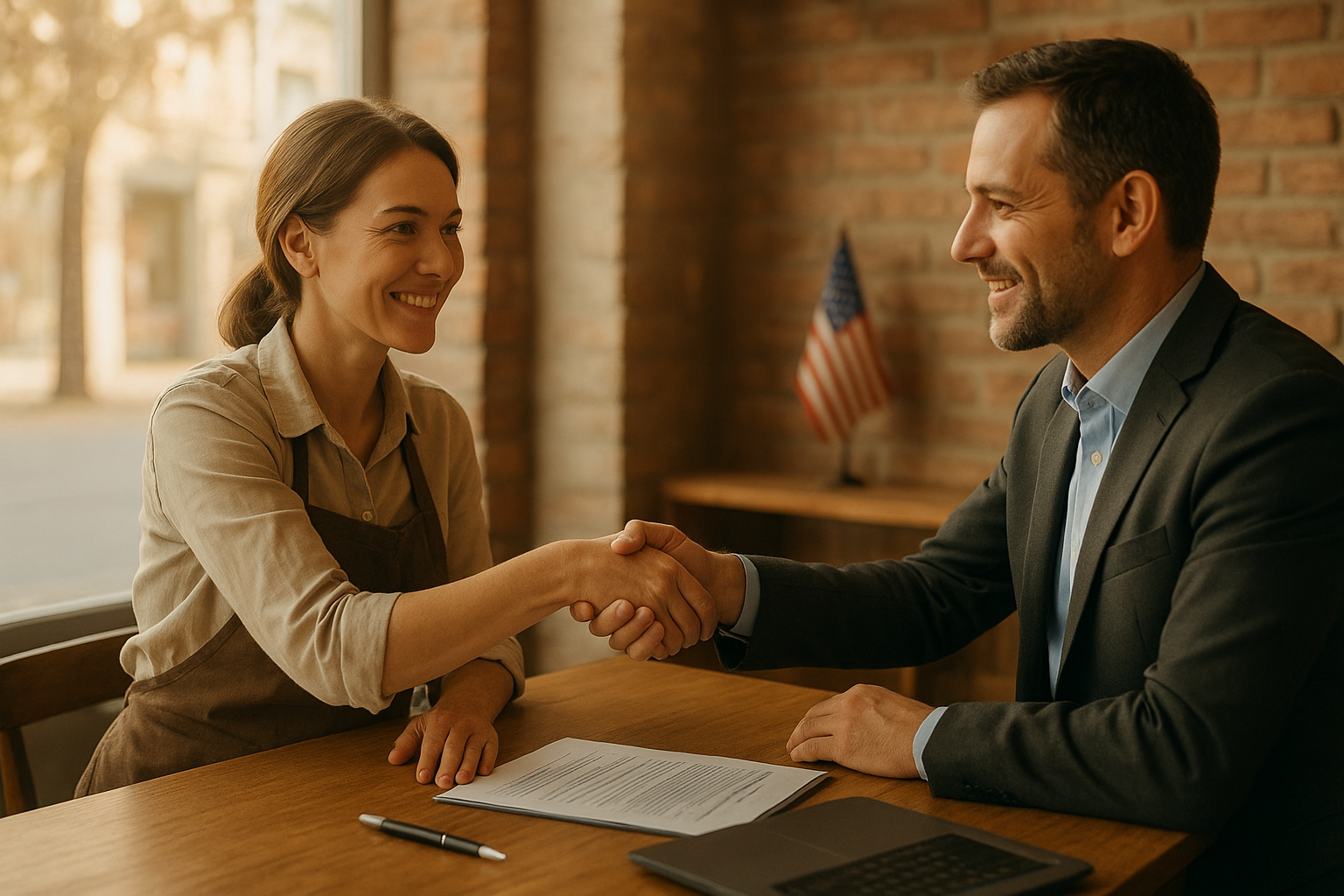 Small business owner finalizing approval for a business line of credit with a lender