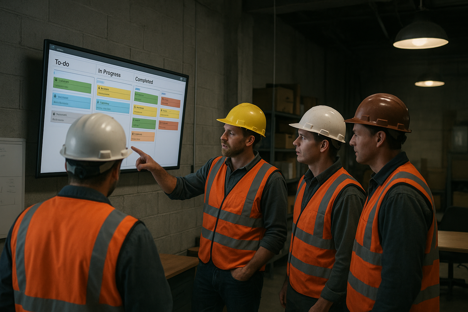 Roofing production crew checking milestones on a TV job board