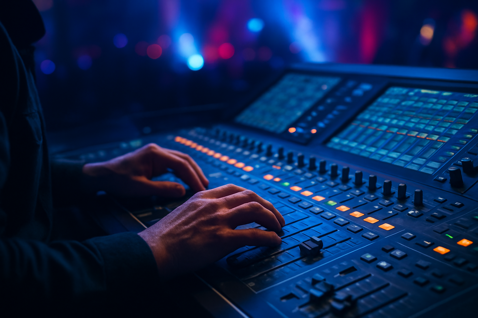 Audio engineer operating a digital mixing console during live event production at a professional venue
