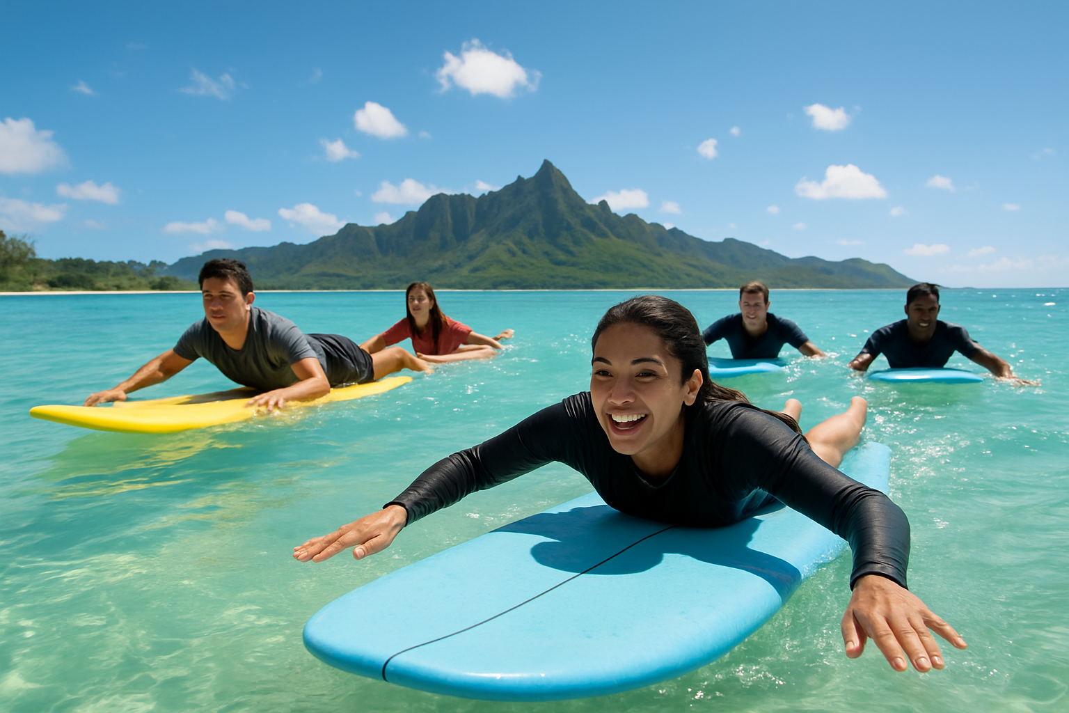 Group practicing paddling technique during a beginner surf lesson near Waikiki Beach