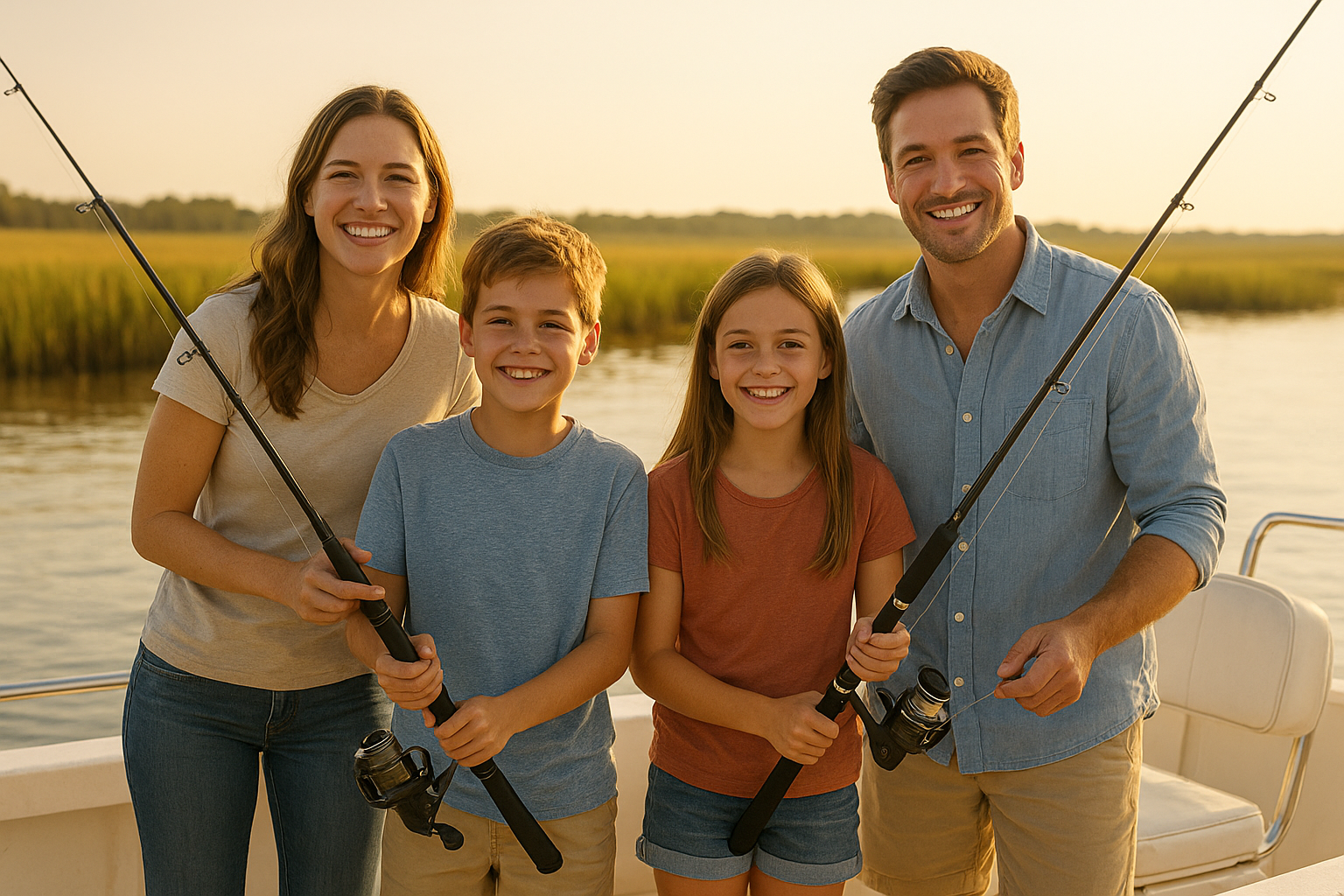 Family enjoying a private guided fishing tour on a charter boat near Little River