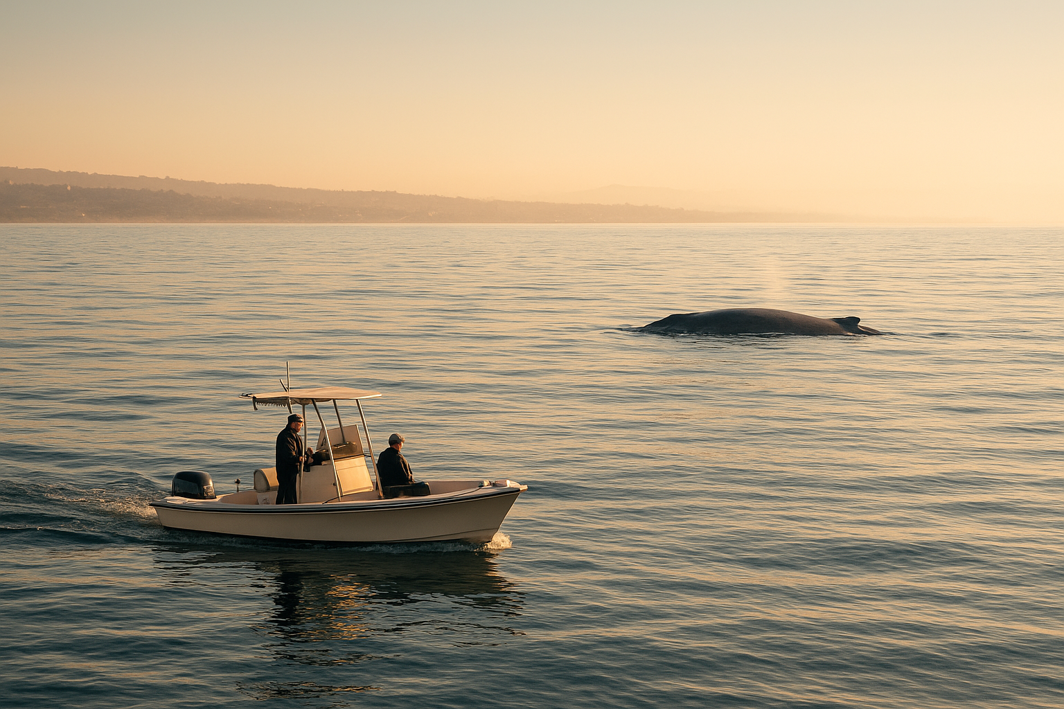 Southern California offshore whale watching charters boat cruising near a surfacing blue whale