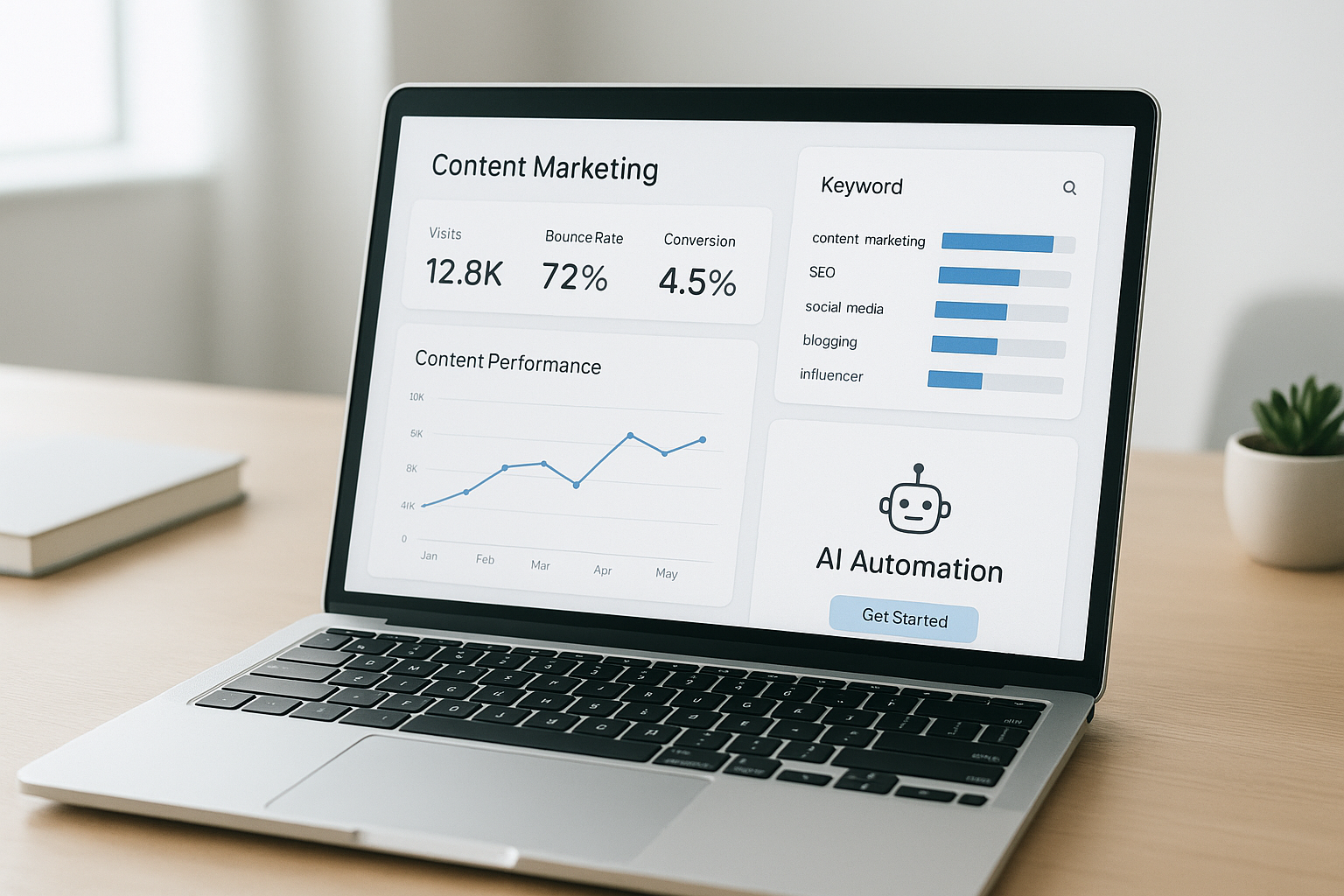 Dashboard showing AI tools for content marketing analyzing keywords and rankings