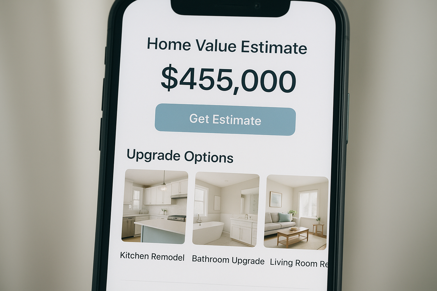 Homeowner viewing a personal home value estimate page on a smartphone, one of several unique real estate marketing ideas