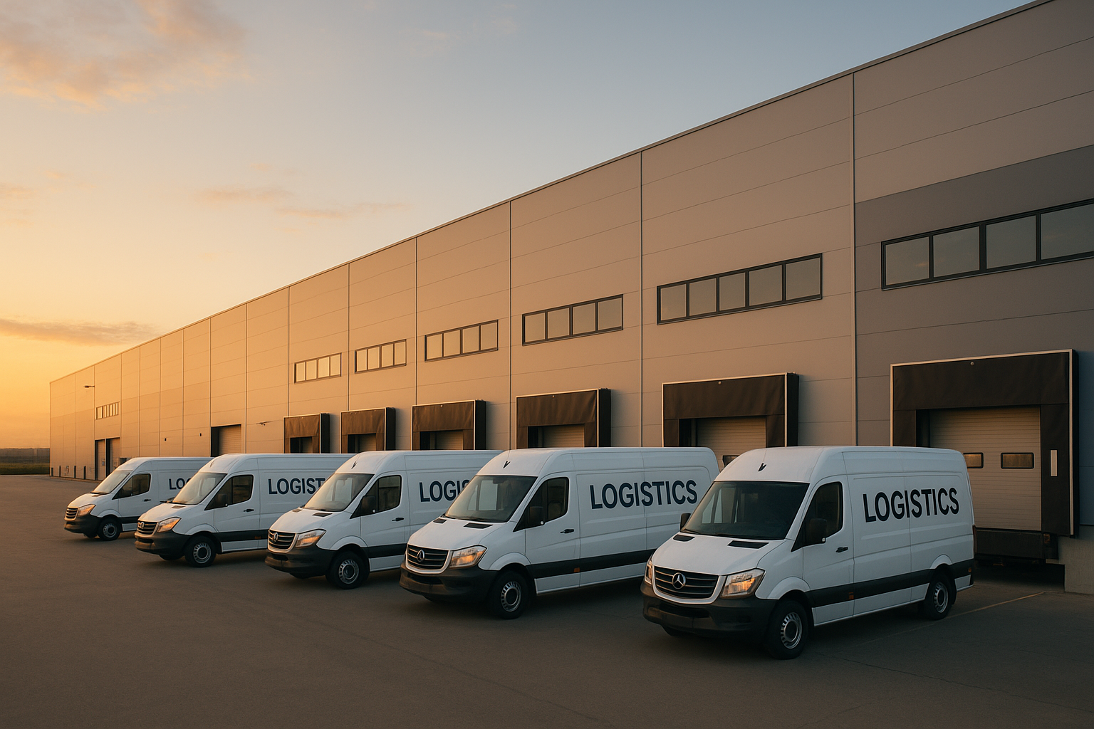 Amazon logistics delivery vans lined up at a fulfillment center loading dock