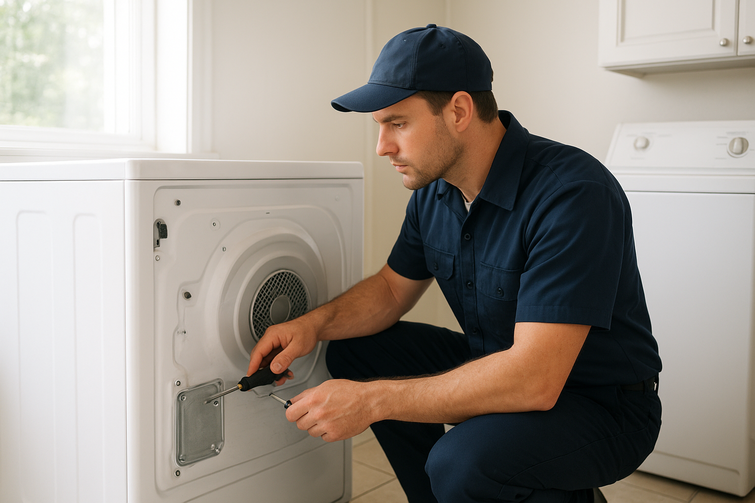 Technician performing dryer repair Santa Rosa homeowners rely on in a home laundry room